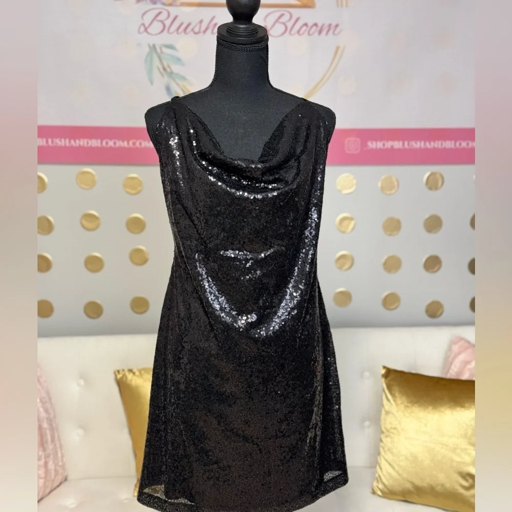 Black Sequin Cowl Neck Crisscross Back Mini Dress - Picture 4 of 6